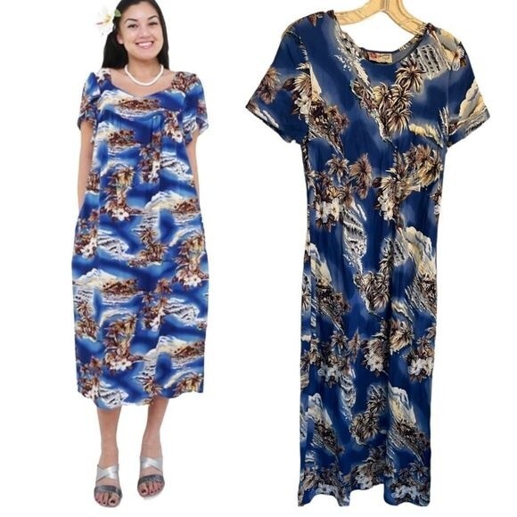 Hilo‎ Hattie Blue Hawaii Blue Small maxi dress Gown Party Boho Vacation Beach - Picture 1 of 10